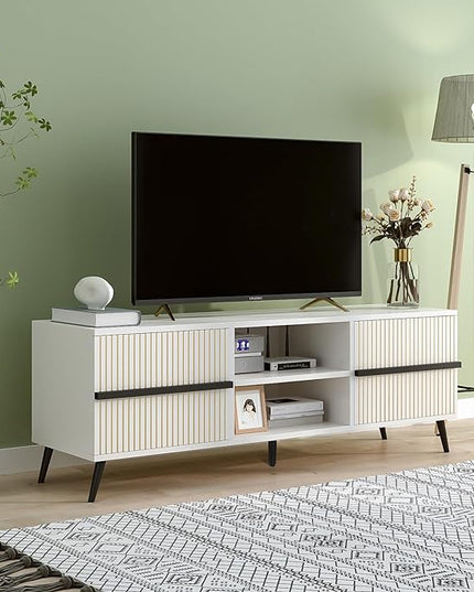 TV Stand for 60 Inch - Wooden Television Stand Table with Storage Cabinets and Open Shelves up to 60", Entertainment Center, Media Console for Living Room and Bedroom, Warm White - LeafyLoom