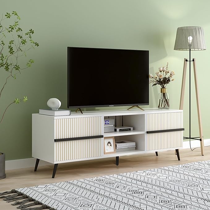 TV Stand for 60 Inch - Wooden Television Stand Table with Storage Cabinets and Open Shelves up to 60", Entertainment Center, Media Console for Living Room and Bedroom, Warm White - LeafyLoom