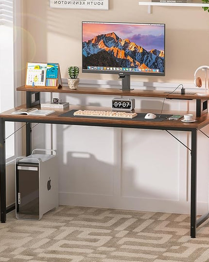 Computer Desk with USB Power Outlets and LED Lights, 47 inch Gaming desk with Monitor Stand for Small Space Home Office, Modern Simple Study Writing Table PC Desks, Rustic Brown - LeafyLoom