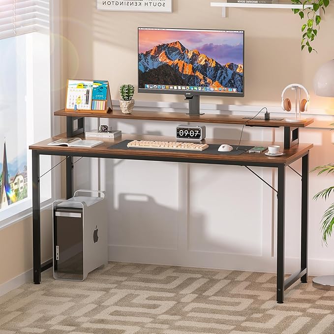 Computer Desk with USB Power Outlets and LED Lights, 47 inch Gaming desk with Monitor Stand for Small Space Home Office, Modern Simple Study Writing Table PC Desks, Rustic Brown - LeafyLoom