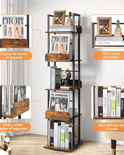 Bikoney Bookshelves 5-Tier, Rotating Bookshelf Tower for Corner, Small Bookcase, Tall Industrial Bookshelf, Narrow Bookshelf, Wood and Metal Black - LeafyLoom