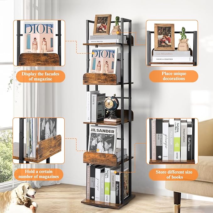 Bikoney Bookshelves 5-Tier, Rotating Bookshelf Tower for Corner, Small Bookcase, Tall Industrial Bookshelf, Narrow Bookshelf, Wood and Metal Black - LeafyLoom