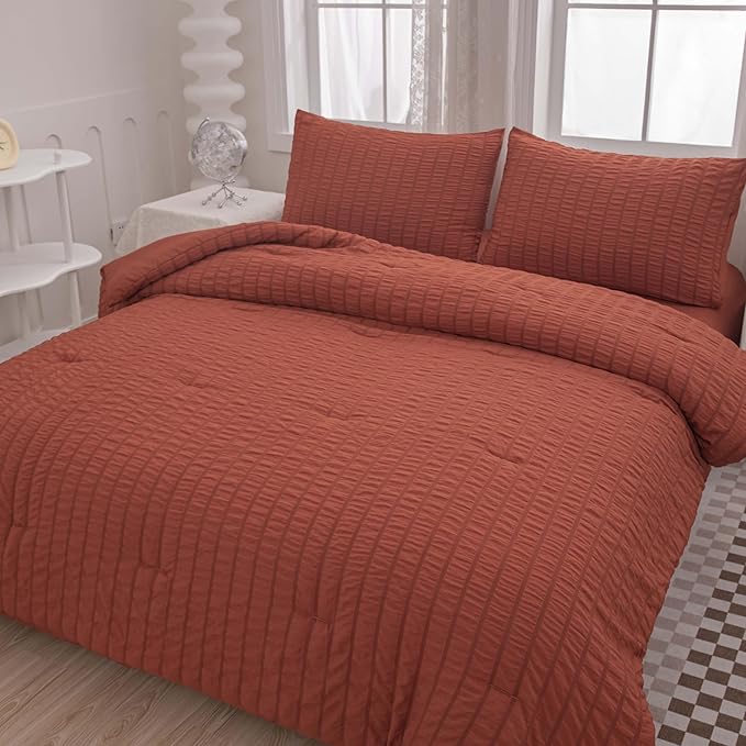 Burnt Orange Comforter Set Queen,Queen Sized Comforter Bedding Set, Burnt Orange Terracotta Bedding Set Queen Size,5 Pcs Lightweight Microfiber Bed Set - LeafyLoom