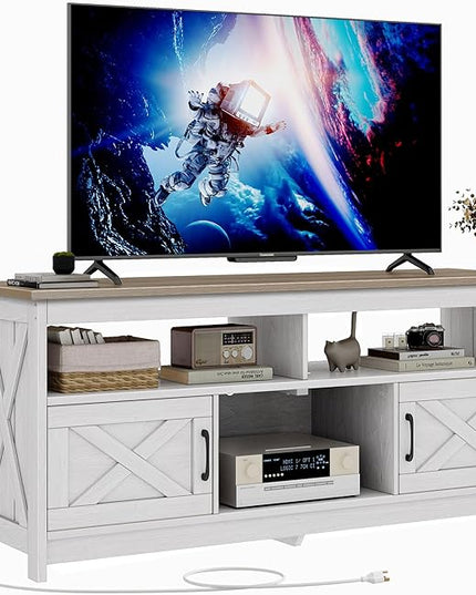 DWVO Farmhouse TV Console, TV Stand with Power Outlets for TVs up to 65 Inch, Entertainment Center Mid Century Modern TV Cabinet, Rustic Media Console Table for Living Room, Grey White/Grey Wash - LeafyLoom