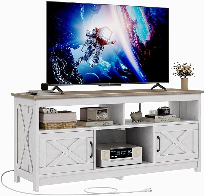 DWVO Farmhouse TV Console, TV Stand with Power Outlets for TVs up to 65 Inch, Entertainment Center Mid Century Modern TV Cabinet, Rustic Media Console Table for Living Room, Grey White/Grey Wash - LeafyLoom