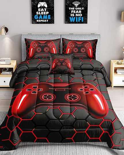 6 Pieces Bed in A Bag Gamer Bedding Set for Boys Kids Adult Gaming Comforters Set,Boys Bed in A Bag Set Queen Size Comforter with Fitted Sheet Flat Sheet Pillowcase pillowsham,DJTH5027Queen - LeafyLoom
