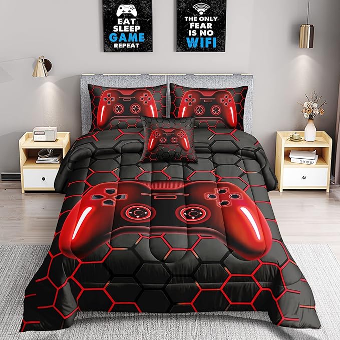 6 Pieces Bed in A Bag Gamer Bedding Set for Boys Kids Adult Gaming Comforters Set,Boys Bed in A Bag Set Queen Size Comforter with Fitted Sheet Flat Sheet Pillowcase pillowsham,DJTH5027Queen - LeafyLoom