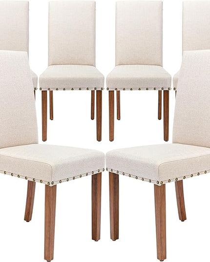 Upholstered Parsons Dining Chair with Nailhead Trim and Sturdy Solid Wood Legs, Set of 6, Cream - LeafyLoom