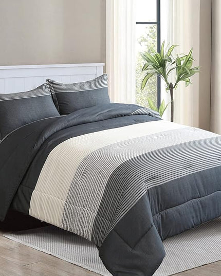 WONGS BEDDING Dark Grey Comforter Set Queen, Reversibl Grey Stripe Down Alternative Comforter for All Season,3 Pieces(1 Patchwork Comforter+2 Pillowcases), Soft Microfiber Bedding Set 90”×90” - LeafyLoom