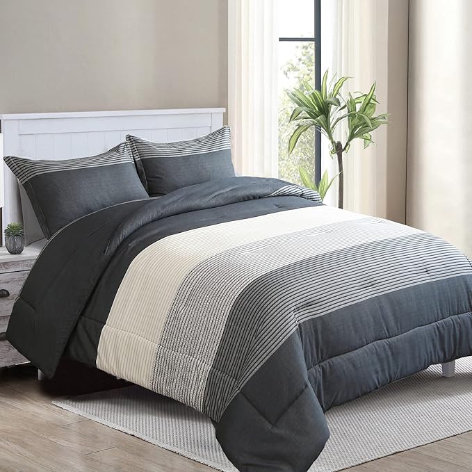 WONGS BEDDING Dark Grey Comforter Set Queen, Reversibl Grey Stripe Down Alternative Comforter for All Season,3 Pieces(1 Patchwork Comforter+2 Pillowcases), Soft Microfiber Bedding Set 90”×90” - LeafyLoom