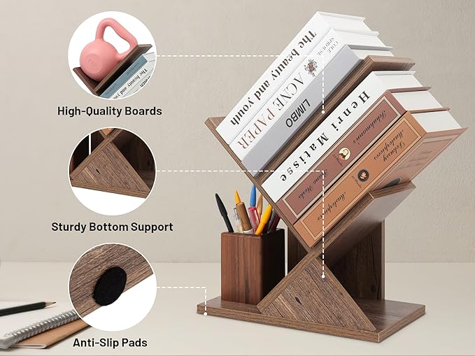 Labcosi 2 Tier Tree Bookshelf, Small Bookshelf for Storing Books/CDs, Wood Book Organizer Shelves for Home Office, Bedroom, Living Room, Rustic Brown - LeafyLoom