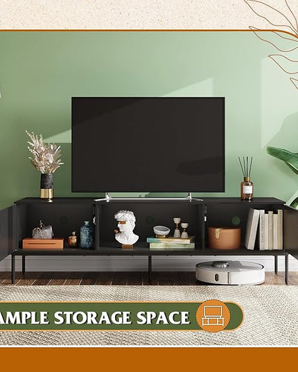 WLIVE Modern TV Stand for 65 Inch TV, Mid Century Entainment Center with Storage, TV Console with Open Shelf and 2 Cabinets for Bedroom and Living Room, TV Cabinet with Metal Legs, Black - LeafyLoom