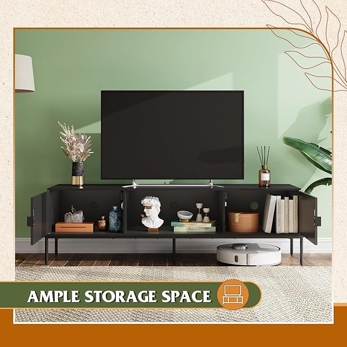 WLIVE Modern TV Stand for 65 Inch TV, Mid Century Entainment Center with Storage, TV Console with Open Shelf and 2 Cabinets for Bedroom and Living Room, TV Cabinet with Metal Legs, Black - LeafyLoom