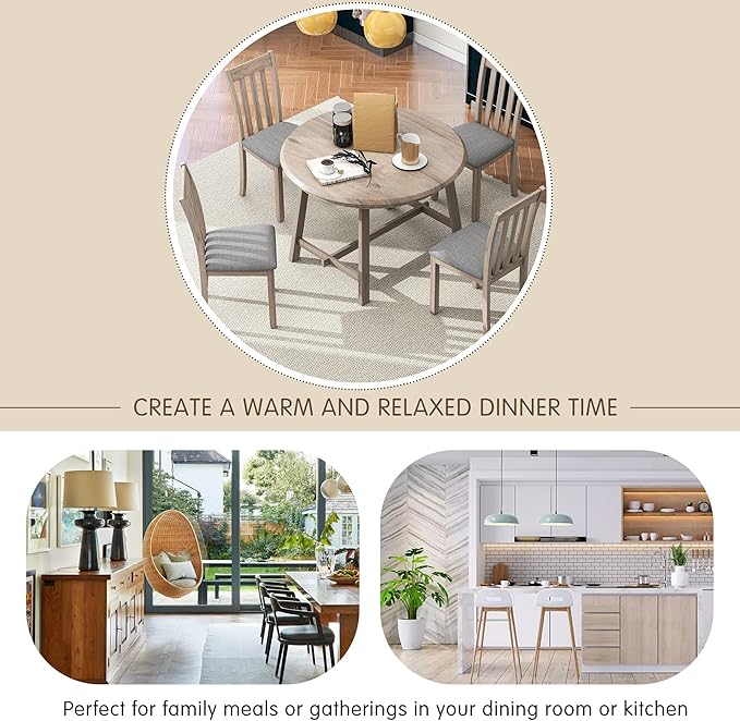 NicBex Small Dining Table Set for 4 Kitchen Table and Chairs 5-Piece Wood Dining Table Set Round Extendable Dining Table with 4 Dining Chairs for Dining Room, Natural Wood Wash - LeafyLoom