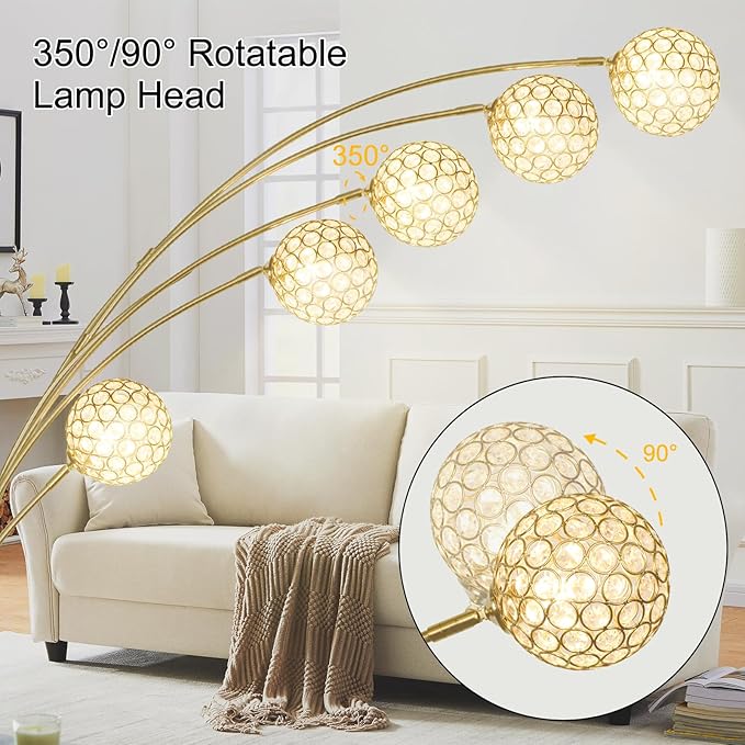 DLLT Floor Lamps for Living Room, 5-Light Gold Arc Standing Lamp, 86.6" Modern Tall Tree Floor Lamp with Adjustable Arms, Multi-Head LED Floor Lamps for Bedroom, Study, Office, G9 Bulbs Included - LeafyLoom