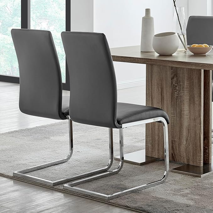 Armen Living Amanda Dining Grey faux leather with Chrome finish Kitchen & Dining Chair - Set of 2, Height - LeafyLoom