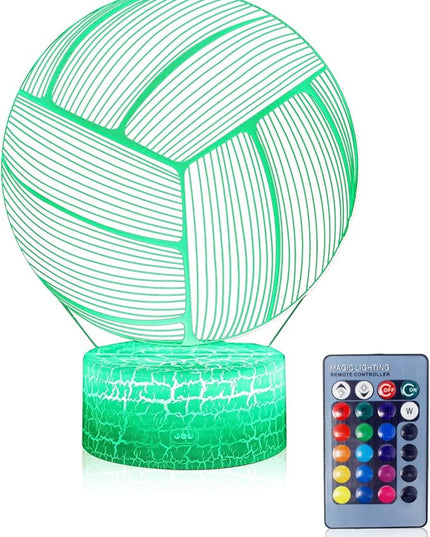 Volleyball 3D Illusion Night Light,16 Colors Changing Touch Switch & Remote Control,Acrylic Flat & ABS White Crack Base &USB Cable Table Lamp - LeafyLoom