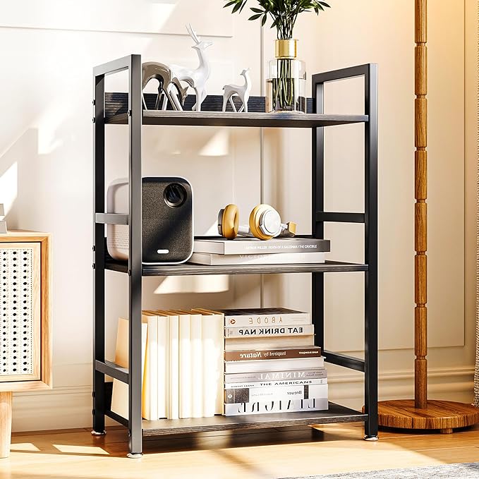 3 Tier Small Black Bookshelf, 120 lbs Weight Capacity, Small Black Bookcase for Small Spaces, Small Space Bookcase for Bedroom, Living Room, Home Office - LeafyLoom