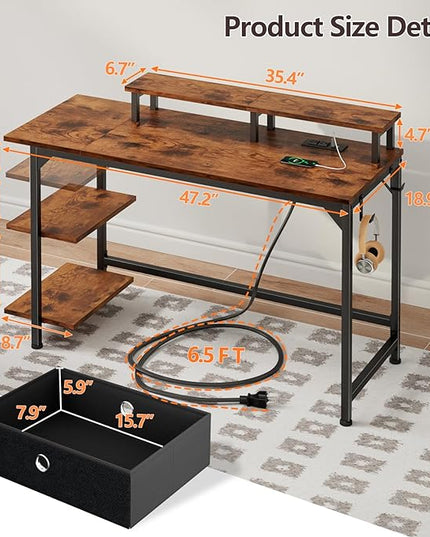 Furologee Desk with Power Outlets and LED Lights, 47" Computer Office Desk with Shelves and Fabric Drawer, Reversible Gaming Study Table with Monitor Stand and Hooks, Rustic Brown - LeafyLoom