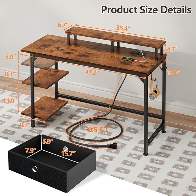 Furologee Desk with Power Outlets and LED Lights, 47" Computer Office Desk with Shelves and Fabric Drawer, Reversible Gaming Study Table with Monitor Stand and Hooks, Rustic Brown - LeafyLoom
