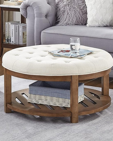 24KF Large Round Upholstered Tufted Linen Ottoman Coffee Table, Large Footrest Ottoman with Wood Shelf Storage-Ivory - LeafyLoom