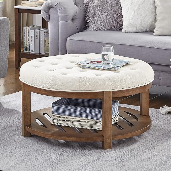 24KF Large Round Upholstered Tufted Linen Ottoman Coffee Table, Large Footrest Ottoman with Wood Shelf Storage-Ivory - LeafyLoom