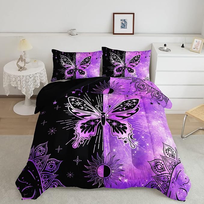 Datura home Black Purple Butterfly Comforter Set for Girls Women,Boho Butterfly Sun and Moon Mandala Printed Bedding Set with 2 Pillowcases(Black Purple Queen) - LeafyLoom