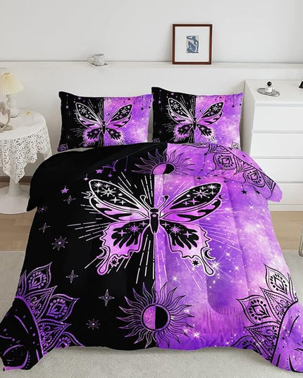 Datura home Black Purple Butterfly Comforter Set for Girls Women,Boho Butterfly Sun and Moon Mandala Printed Bedding Set with 2 Pillowcases(Black Purple Twin) - LeafyLoom