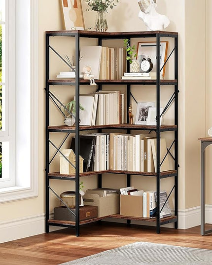 YITAHOME Corner Bookshelf, Industrial Corner Shelf 5 Tier Bookcase, Large Display Rack Storage for Bedroom, Living Room, Home Office,Rustic Brown - LeafyLoom