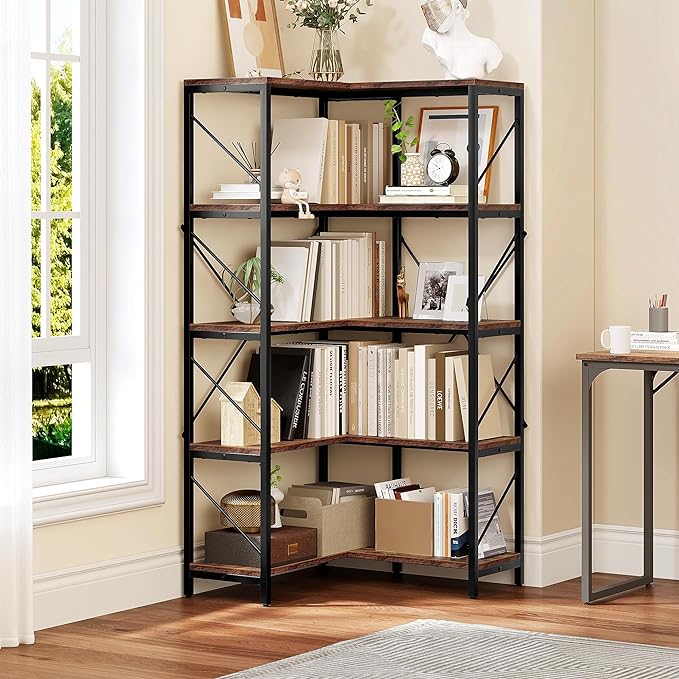 YITAHOME Corner Bookshelf, Industrial Corner Shelf 5 Tier Bookcase, Large Display Rack Storage for Bedroom, Living Room, Home Office,Rustic Brown - LeafyLoom