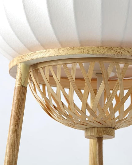 Hikari - Japanese Boho-Chic - Floor Lamp with Shelf Adjustable Height, Silk, Bamboo Woven Shade, for Living Room, Bedroom, Study - UL Listed - LeafyLoom