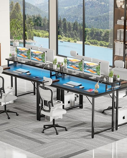 55 inch Computer Desk with Power Outlets, Office Desk Gaming desk with LED Lights, Home Office Desk with Monitor Shelf, Modern Work Desk Study Writing Table for Bedroom, Black - LeafyLoom