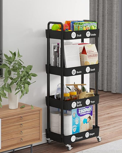 4-Tier Storage Cart,Multifunction Utility Rolling Cart Kitchen Storage Organizer,Mobile Shelving Unit Cart with Lockable Wheels for Bathroom,Laundry,Living Room,With Classified Stickers,Black - LeafyLoom