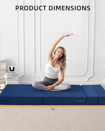 Convertible Folding Sofa Bed - Sleeper Chair with Pillow, Modern Linen Fabric Floor & Futon Couch, Foldable Mattress for Living Room/Dorm/Guest/Home Office/Apartment,Standard Size, Navy Blue - LeafyLoom