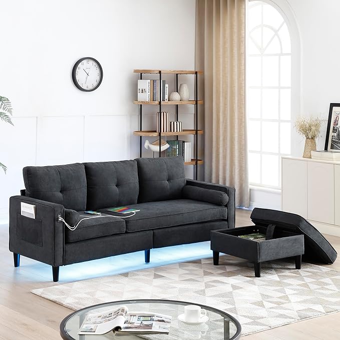 3 Seater L Shaped Convertible Sectional Sofa Couch with Reversible Chaise , Linen Upholstered Corner Sleeper Lounge Sofá with 2 USB Ports and LED Lights ,Storage for Small Space Living Room Apartment - LeafyLoom