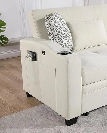 3 in 1 Oversized Convertible Sleeper Loveseat Sofa Pull Out Couch Bed Lounge Chaise with USB Charger and Cupholders for Living Room Office, Beige 71" - LeafyLoom