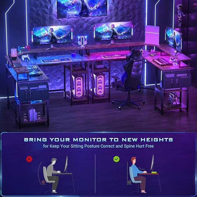 Aheaplus L Shaped Gaming Desk with Power Outlets & LED Lights, Corner Computer Desk with Monitor Stand and Storage Shelf, Home Office Writing Desk with Storage Bag, Rustic Brown - LeafyLoom