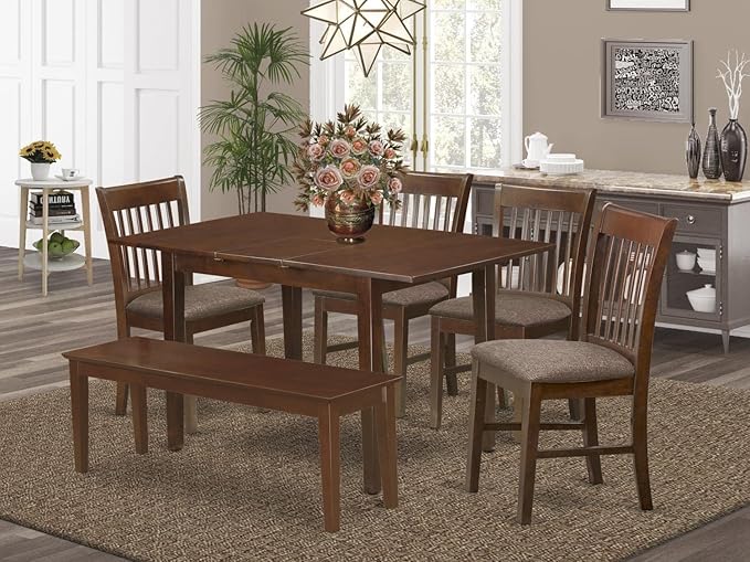 East West Furniture NOFK6C-MAH-C 6 Piece Set Contains a Rectangle Dining Room Table with Butterfly Leaf and 4 Linen Fabric Upholstered Chairs with a Bench, 32x54 Inch - LeafyLoom