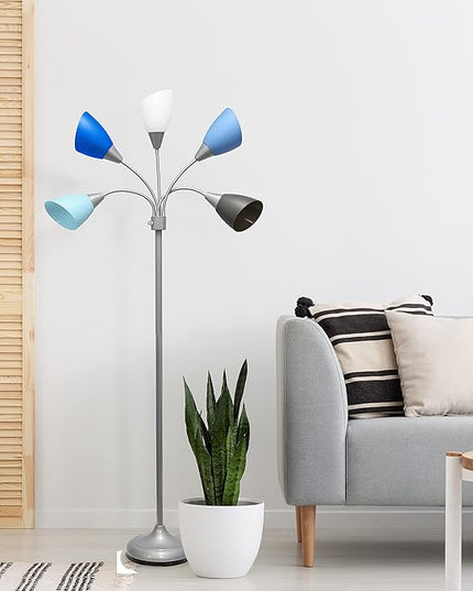 Simple Designs LF2006-SBG 67" Contemporary Multi Head Medusa 5 Light Adjustable Gooseneck Silver Floor Lamp with Blue, White, Gray Shades for Kids Bedroom Playroom Living Room Office - LeafyLoom