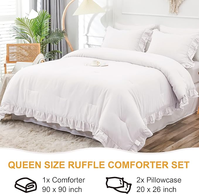 White Double Ruffle Comforter Set Queen Size (90x90 Inch), 3 Pcs Farmhouse Vintage Comforter Set (1 Ruffled Comforter and 2 Pillowcase), Rustic All Season Down Alternative Bedding Set - LeafyLoom
