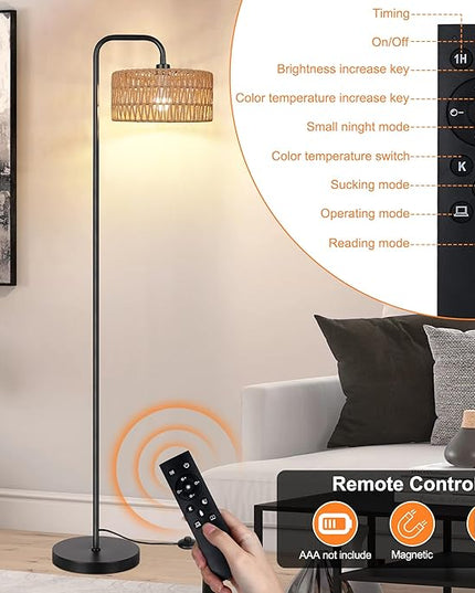 PARTPHONER Farmhouse Floor Lamp, 68''Tall Lamp for Living Room with Remote 3 Color Temperatures Boho Standing Lamp with Rattan Shades for Bedroom Study Room Office Hotel, Bulb Include - LeafyLoom