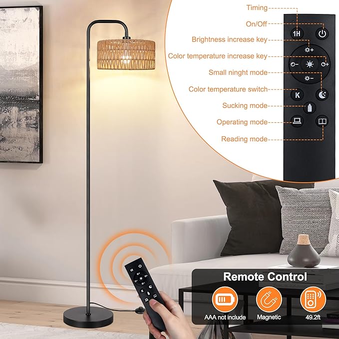 PARTPHONER Farmhouse Floor Lamp, 68''Tall Lamp for Living Room with Remote 3 Color Temperatures Boho Standing Lamp with Rattan Shades for Bedroom Study Room Office Hotel, Bulb Include - LeafyLoom
