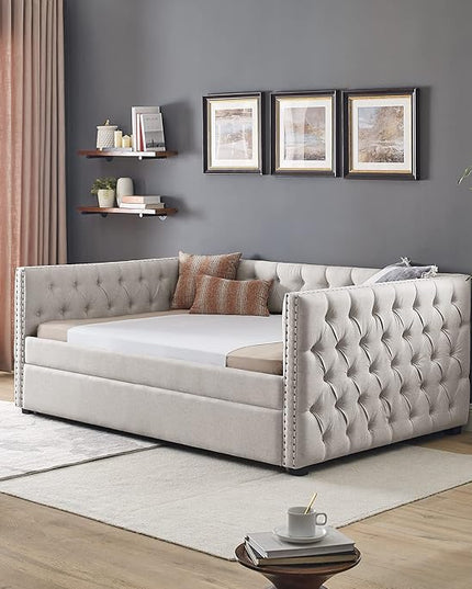 Full Size Upholstered Daybed with Twin Trundle, Bedroom Wooden Sofa Bed Frame w/Button Tufted and Copper Nail on Square Arms, No Spring Box Need, for Dorm,Beige (85"x57"x31.5") - LeafyLoom