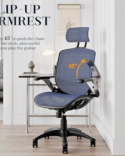 GABRYLLY Ergonomic Office Chair, High Back Mesh Desk Chair with Adjustable Headrest, Flip-Up Arms, 90-120° Tilt Lock, Lumbar Support and Comfy Seat, Swivel Computer Task Chair, Blue - LeafyLoom
