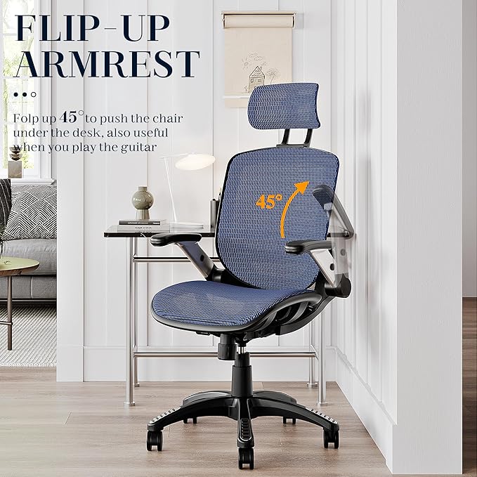 GABRYLLY Ergonomic Office Chair, High Back Mesh Desk Chair with Adjustable Headrest, Flip-Up Arms, 90-120° Tilt Lock, Lumbar Support and Comfy Seat, Swivel Computer Task Chair, Blue - LeafyLoom