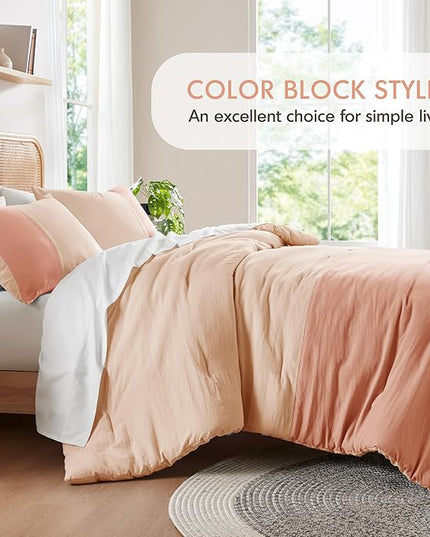Pink King Size Comforter Set - Modern Farmhouse Soft Comforter Sets for Women, Colorblock Pattern Bed Sets for All Season, 3 Pieces includes 1 Comforter, 2 Shams (104"x 90") - LeafyLoom