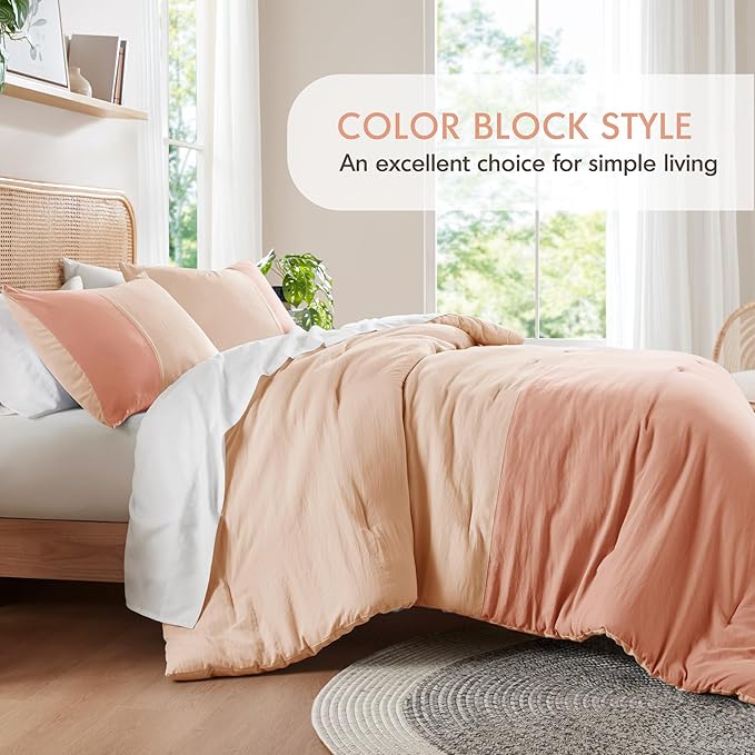 Pink King Size Comforter Set - Modern Farmhouse Soft Comforter Sets for Women, Colorblock Pattern Bed Sets for All Season, 3 Pieces includes 1 Comforter, 2 Shams (104"x 90") - LeafyLoom