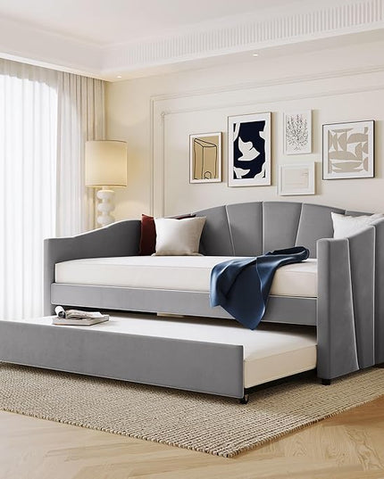 Twin Size Upholstered Daybed with Trundle, Wood Slat Support Sofa Bed with Armrest, No Box Spring Needed, Easy to Assemble, for Studio, Bedroom, Living, Guest Room, Gray - LeafyLoom