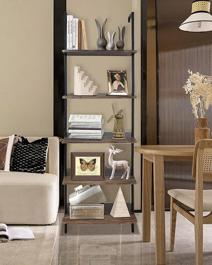 5 Tiers Ladder Shelf Brown Modern Bookshelf Open Tall Wall Mount Bookcase Standing Leaning Wall Shelves Industrial Decorative Living Room Bed Room - LeafyLoom