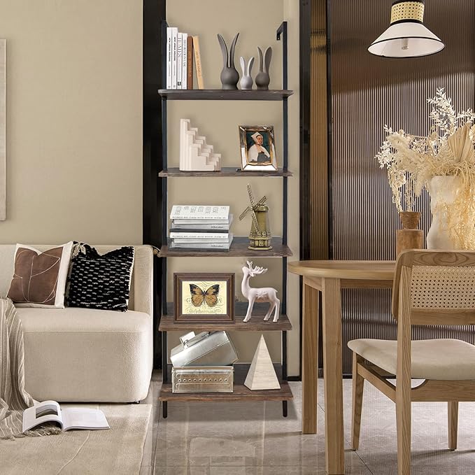 5 Tiers Ladder Shelf Brown Modern Bookshelf Open Tall Wall Mount Bookcase Standing Leaning Wall Shelves Industrial Decorative Living Room Bed Room - LeafyLoom